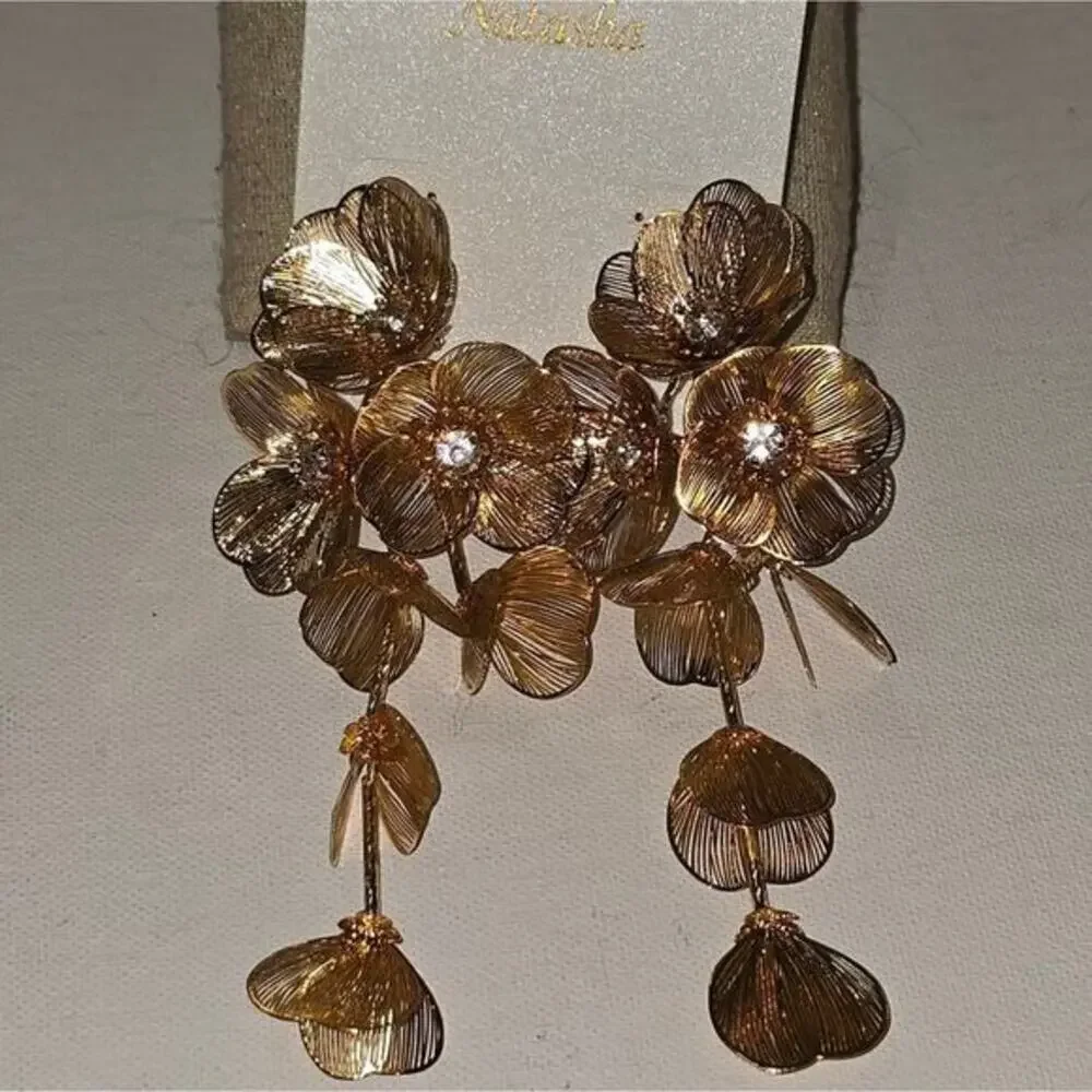 Natasha Gold Floral Drop Earrings Crystal Mesh Flower‎ Statement Chandelier 4.5